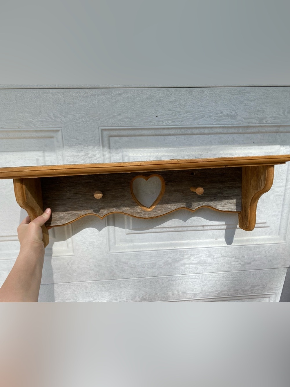 Handmade Wooden Heart Wall Shelf w/ Peg Hooks